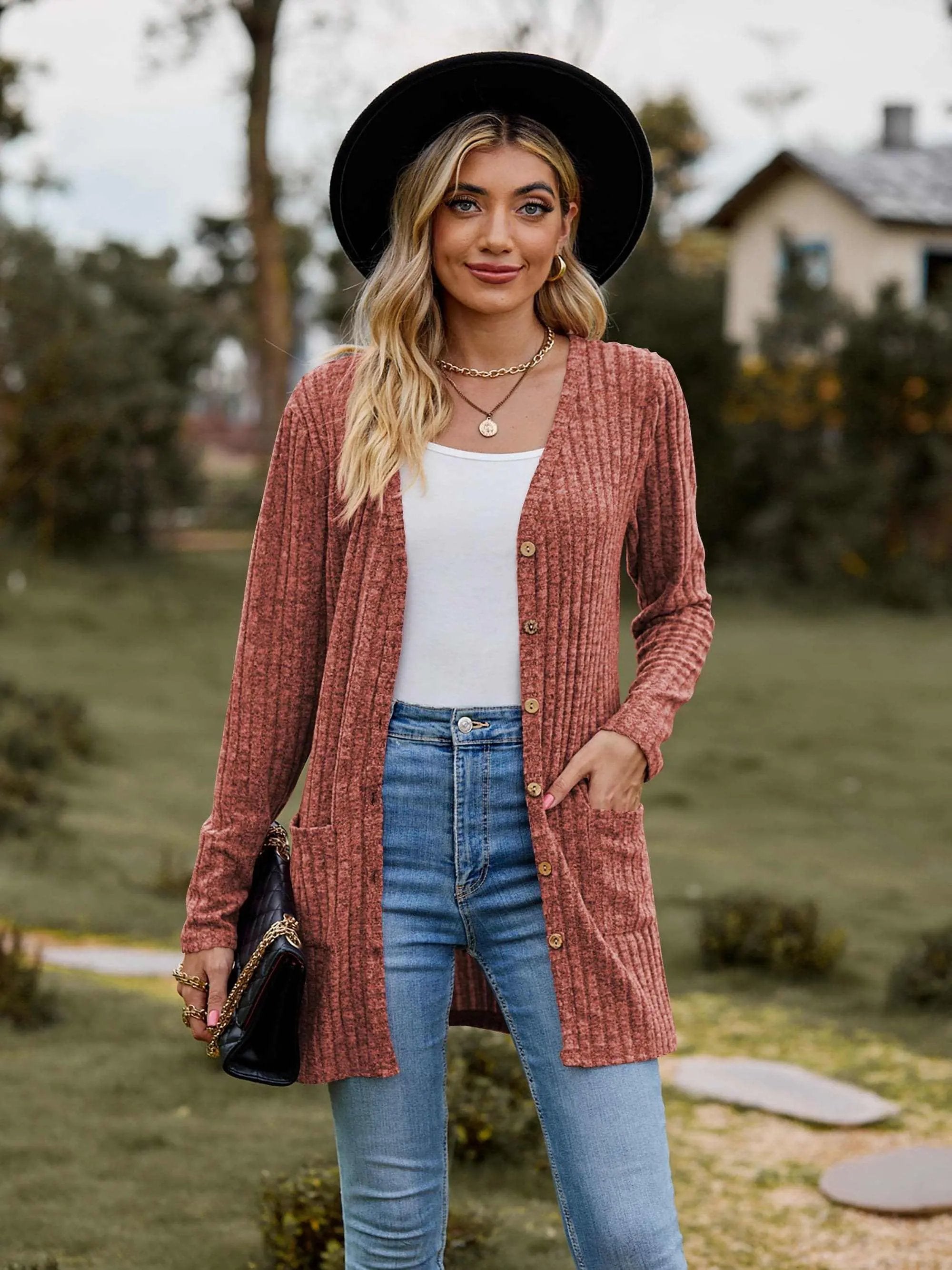 Heathered ribbed cardigan with pockets - Love Salve